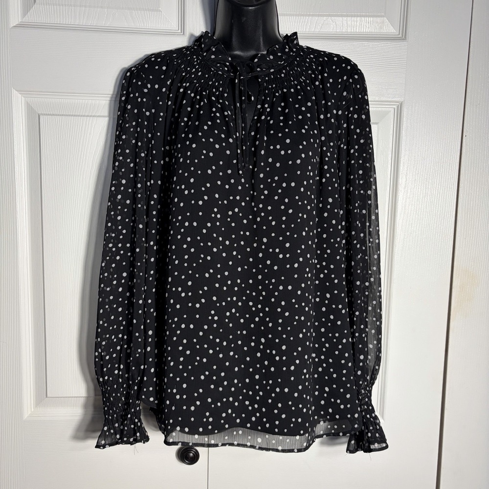 Loft Polka Dot Blouse Women XXL Black White Smocked Neck Tie Flowy Ruffle Shirt